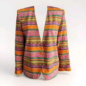 Vtg 90s August Silk Women's Blazer 100% Silk Petites 8 Geometrical Multicolor